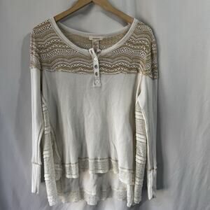 Sundance Womens White Lace Trim Large Waffle Knit Henley Long Sleeve Top Tunic